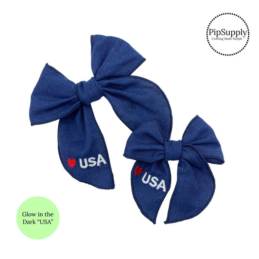 Glow in the dark usa and heart on linen blue bow strips