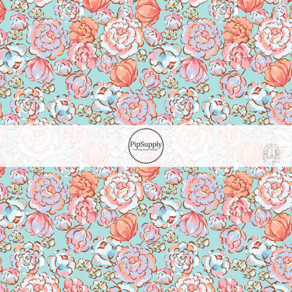 Watercolor peach and lavender floral on aqua bow strips
