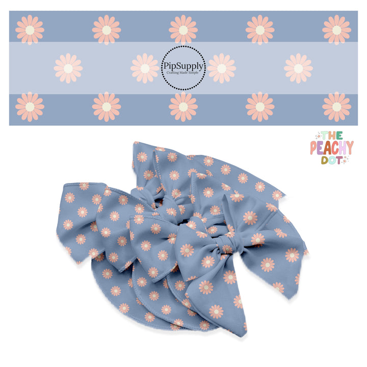 cute peach flowers on powder blue bow strips