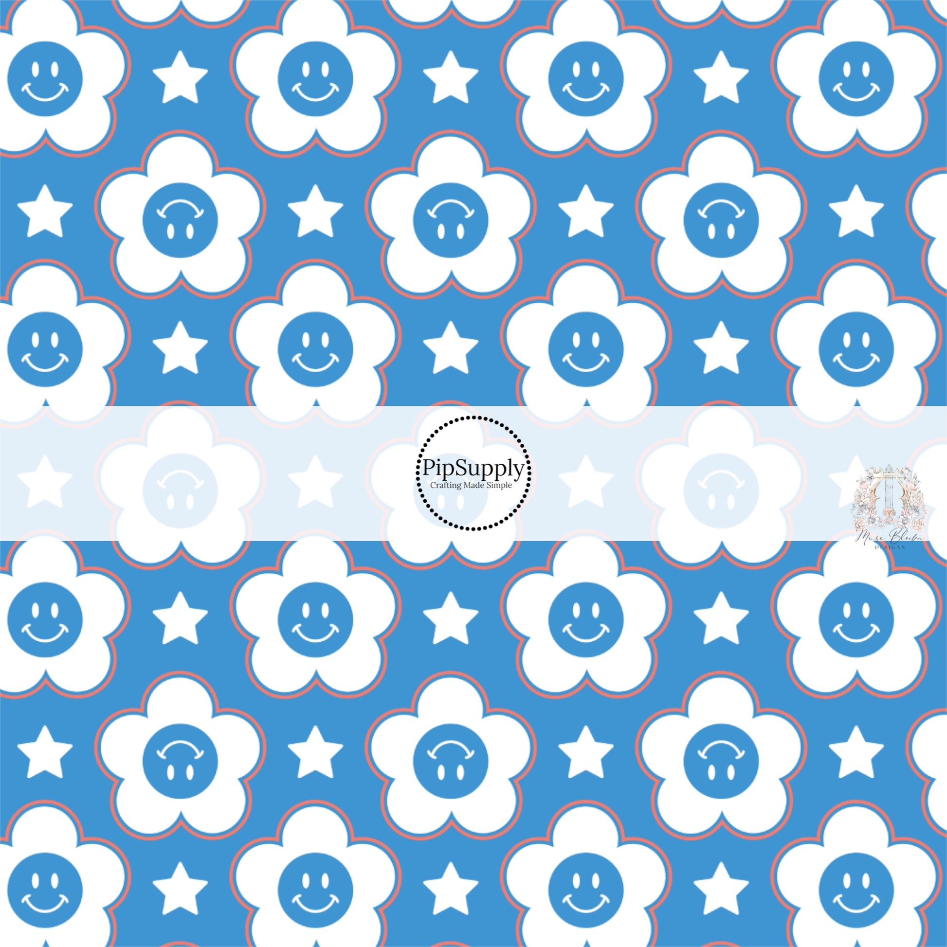 Outlined white flowers with blue smiley face and white stars on blue bow strips