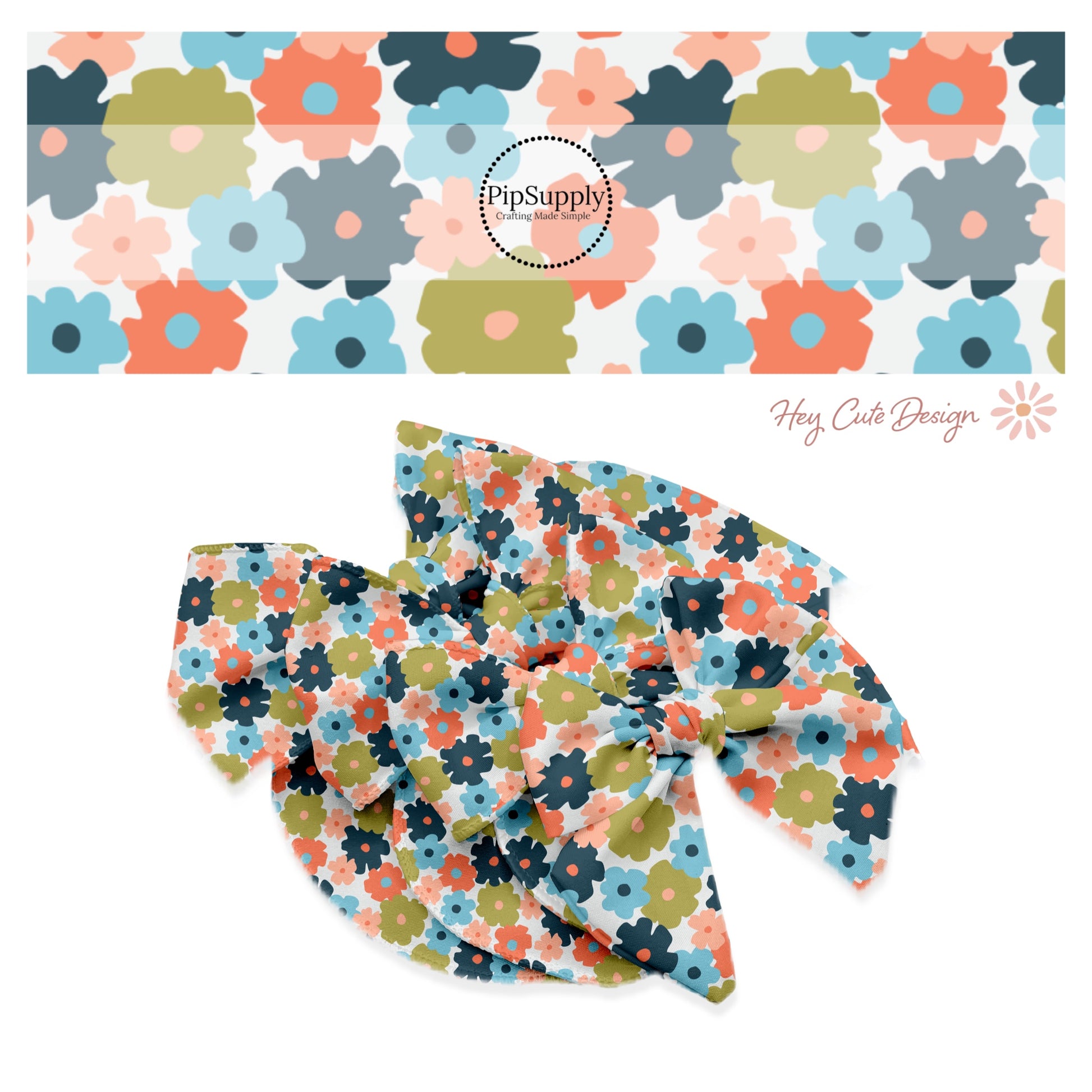 peach, coral, navy, blue, and green flowers on white bow strips