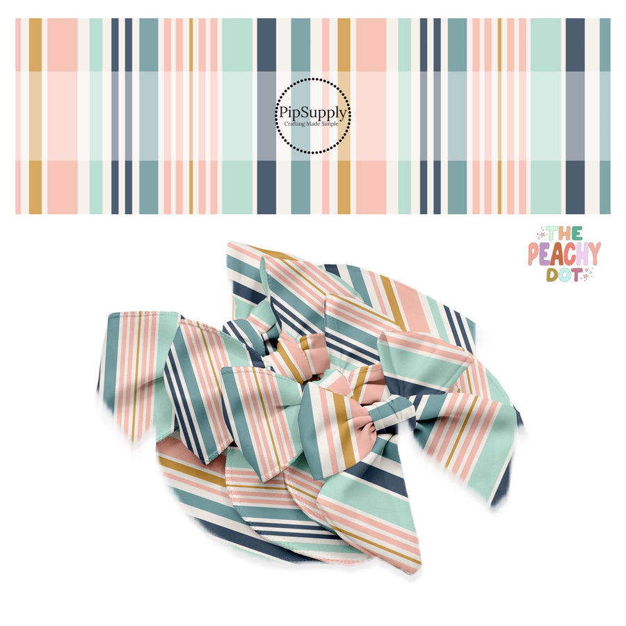 navy, pink, white, gold, and mint thin and thick stripes bow strips