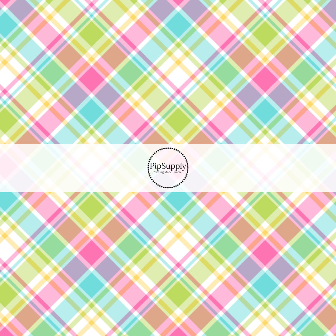 Pink, green, blue, and white multi diagonal plaid bow strips