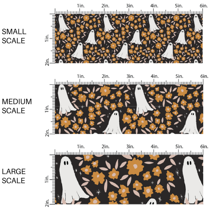 Black, orange, and cream ghost floral high quality fabric adaptable for all your crafting needs. Make cute baby headwraps, fun girl hairbows, knotted headbands for adults or kids, clothing, and more!