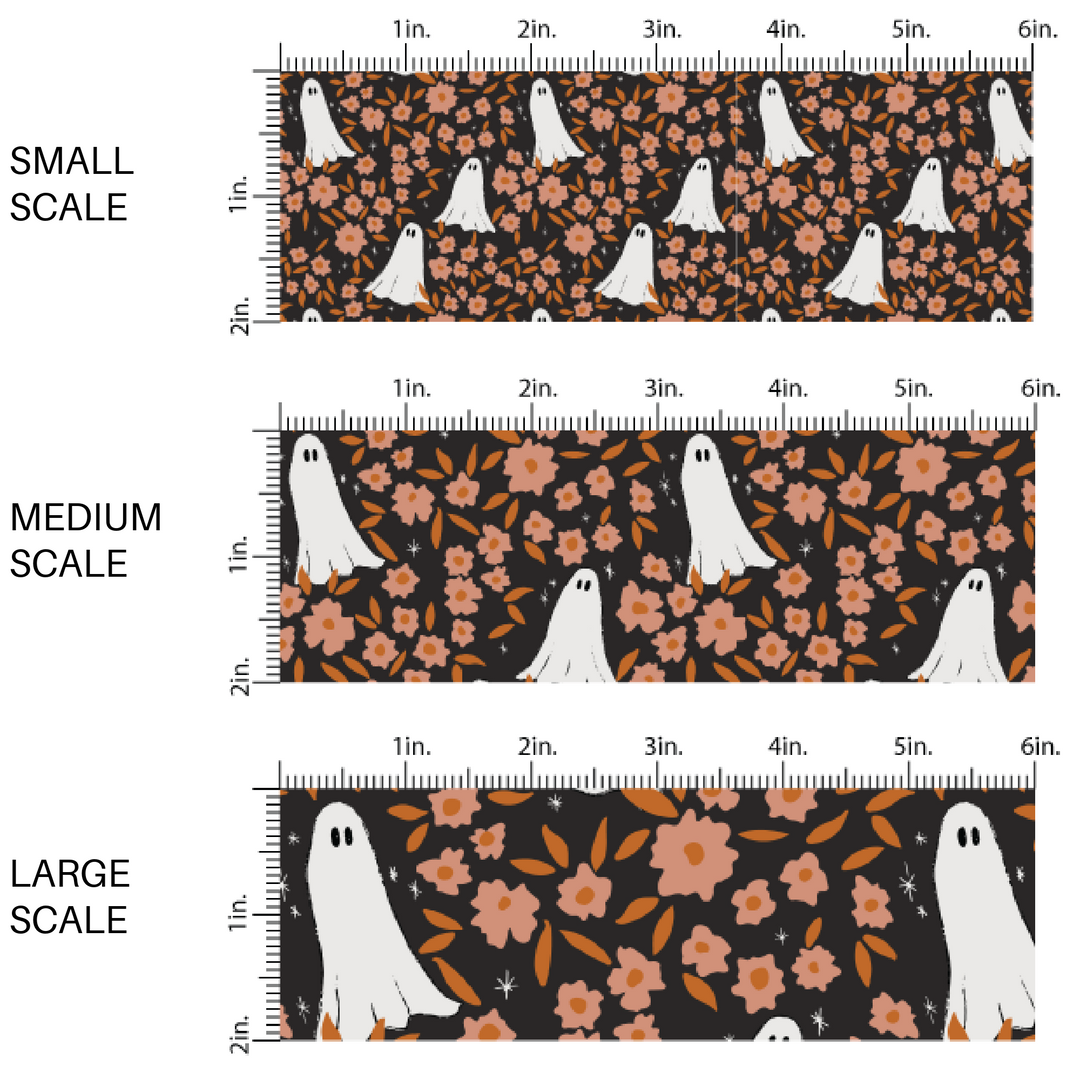 Black, orange, and cream ghost floral high quality fabric adaptable for all your crafting needs. Make cute baby headwraps, fun girl hairbows, knotted headbands for adults or kids, clothing, and more!