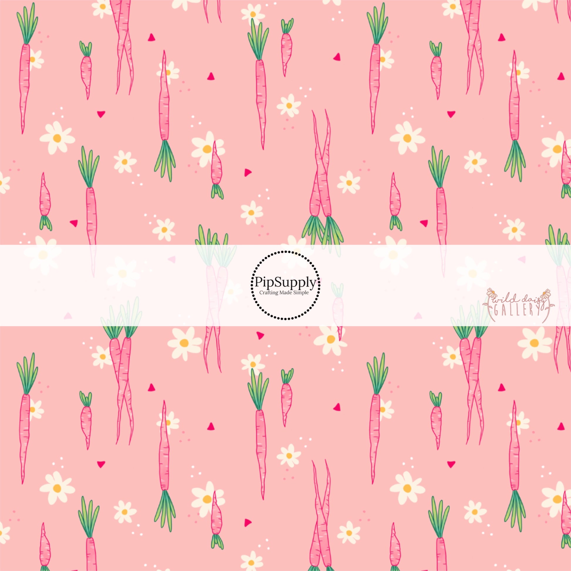 flowers, pink carrots, polka dots, and triangles on pink bow strips