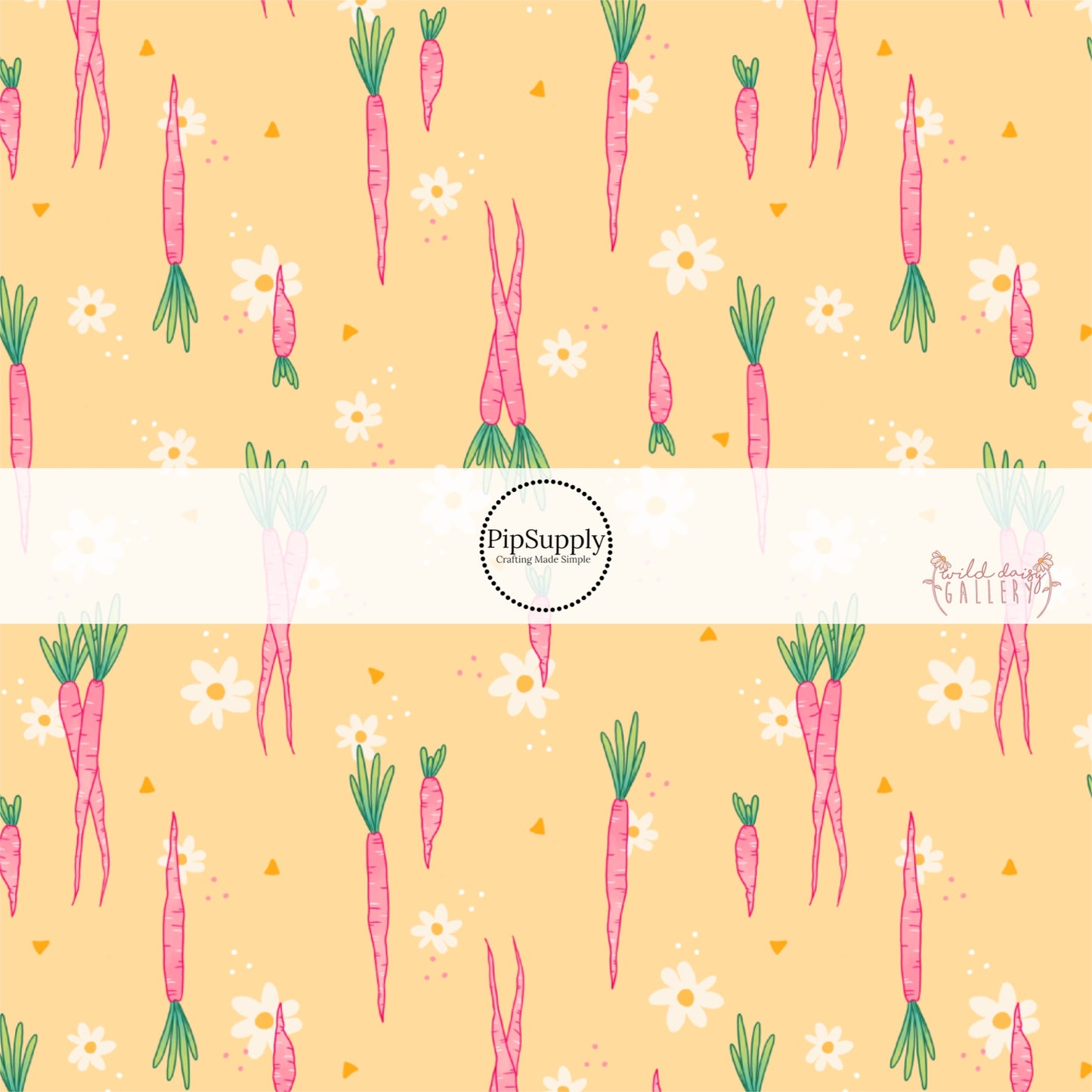 cream flowers with pink carrots on pale yellow bow strips