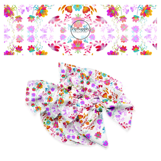Purple, red, and orange kaleidoscope floral on white bow strips