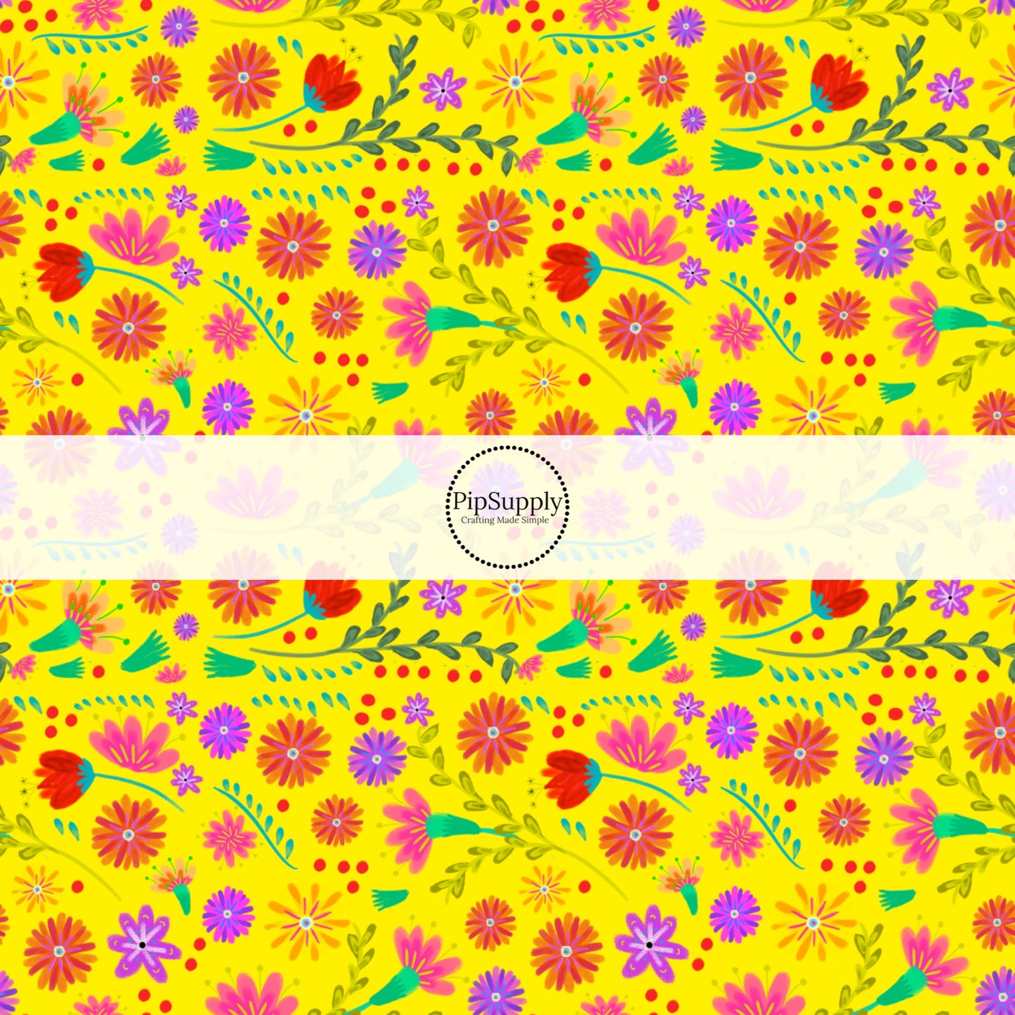 Scattered spanish pink and purple floral on yellow bow strips