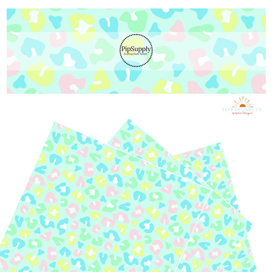Bright blue, green, yellow, and pink leopard spots on mint faux leather sheets