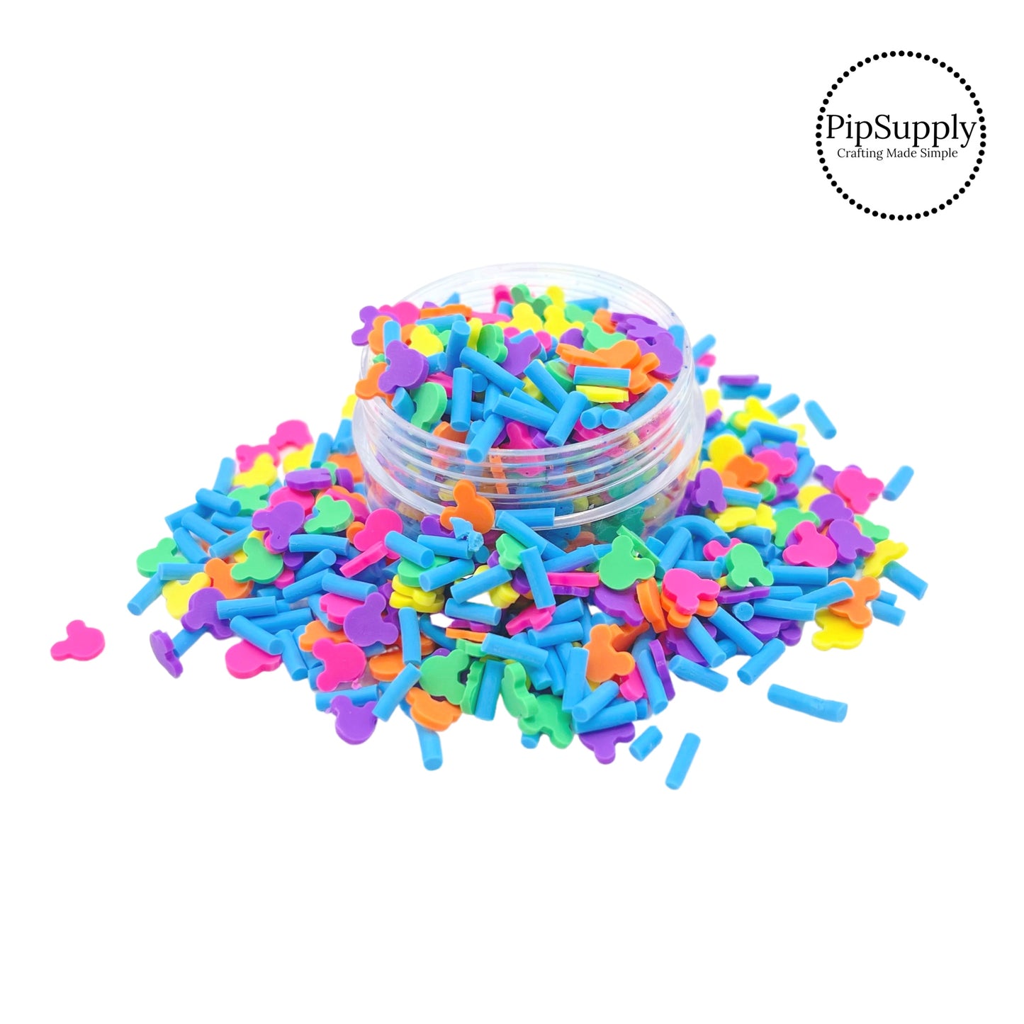 Blue sprinkles with bright purple, green, yellow, pink, and orange mouse head clay slices