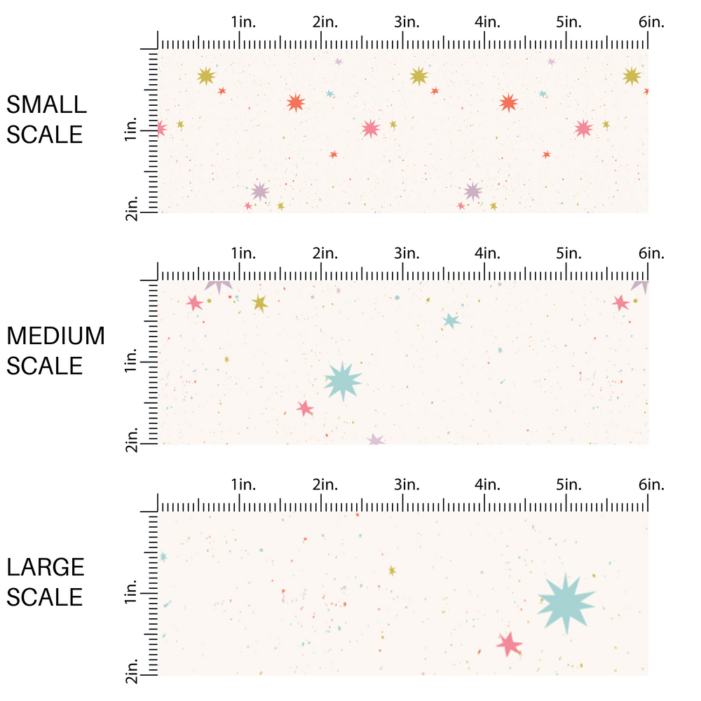 This image has three fabric scales of small, medium, and large scale for the multi colored stars on cream fabric. 