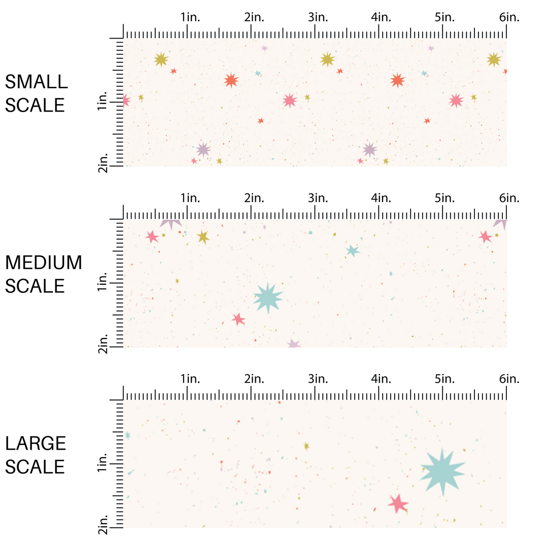 This image has three fabric scales of small, medium, and large scale for the multi colored stars on cream fabric. 