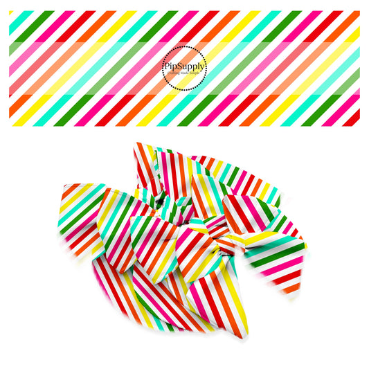 Bright green, yellow, orange, red, and hot pink diagonal stripe bow strips