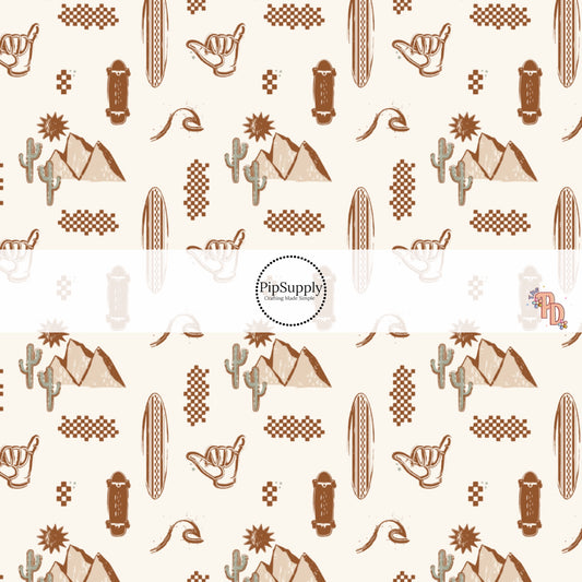 Beach and Desert Themed Pattern On Cream Fabric By The Yard