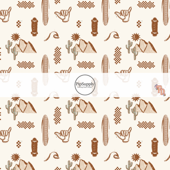 Beach and Desert Themed Pattern On Cream Fabric By The Yard