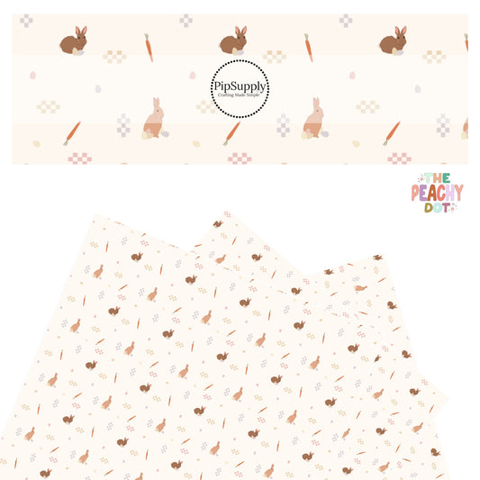 colorful checkered patches, brown bunnies, easter eggs, and carrots on cream faux leather sheets