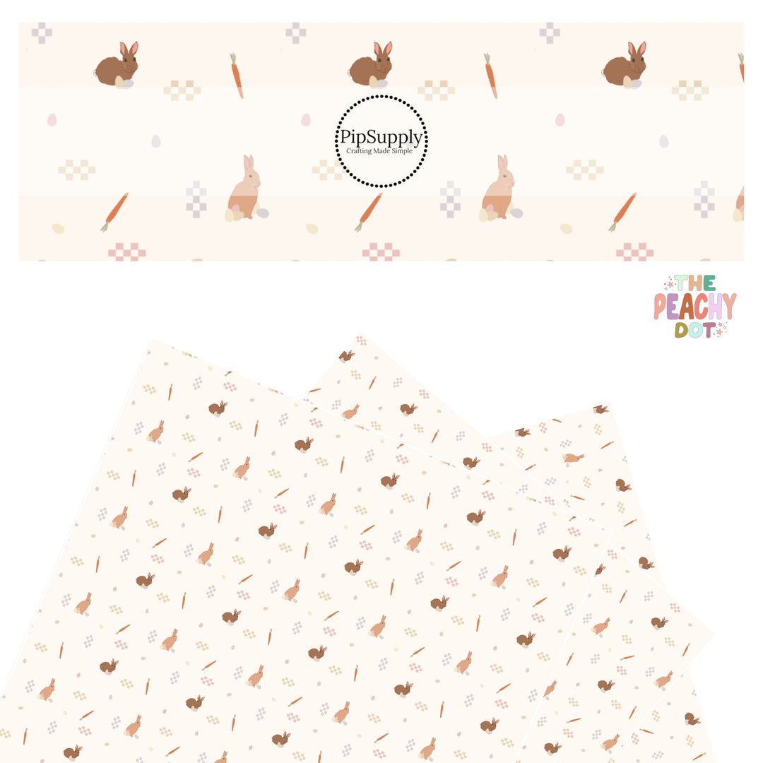 colorful checkered patches, brown bunnies, easter eggs, and carrots on cream faux leather sheets