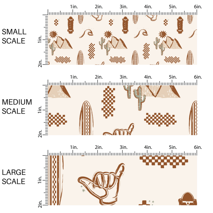 This image has three fabric scales of small, medium, and large scale on rad desert sands fabric by the yard. 