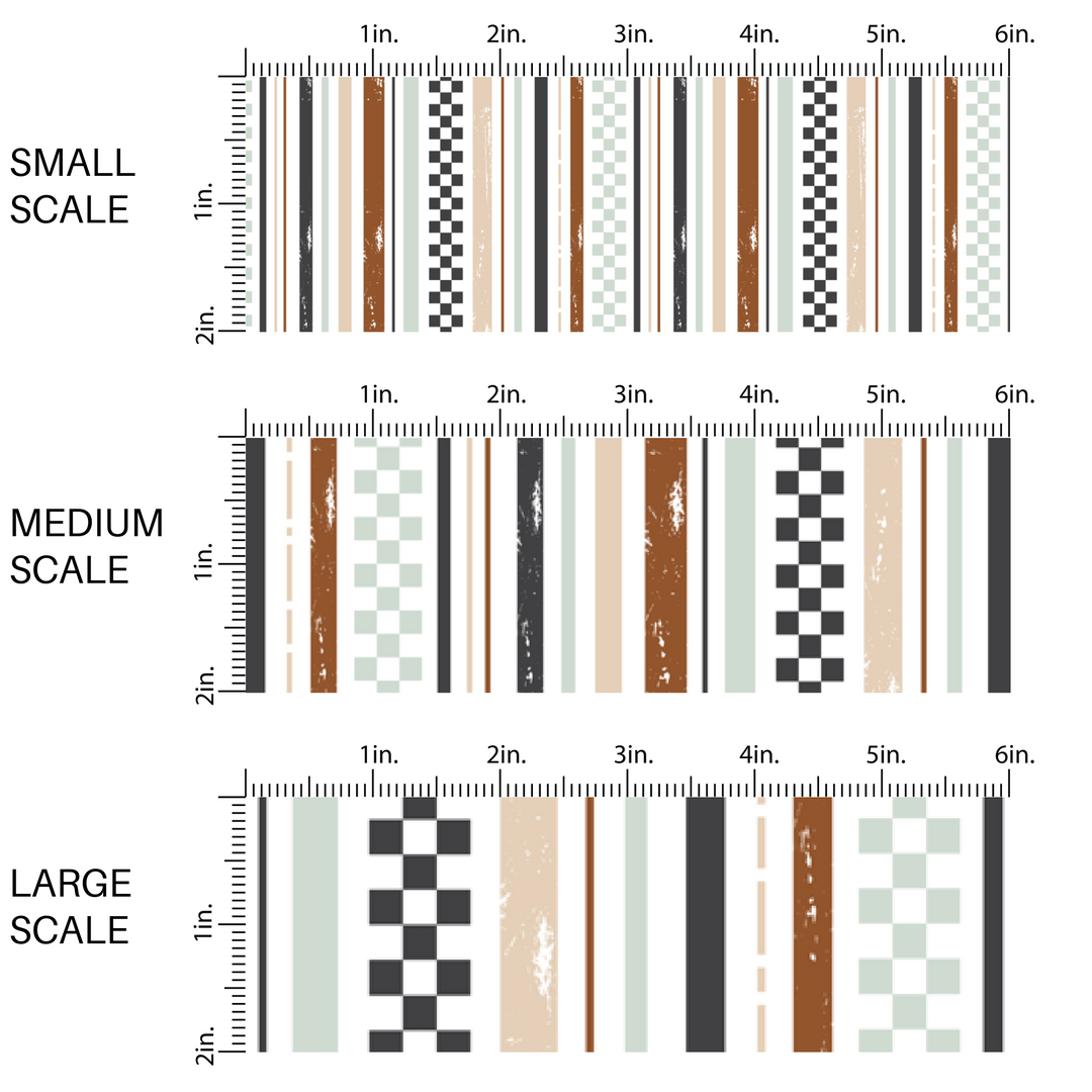 This image has three fabric scales of small, medium, and large scale on multi checkered sand stripes.