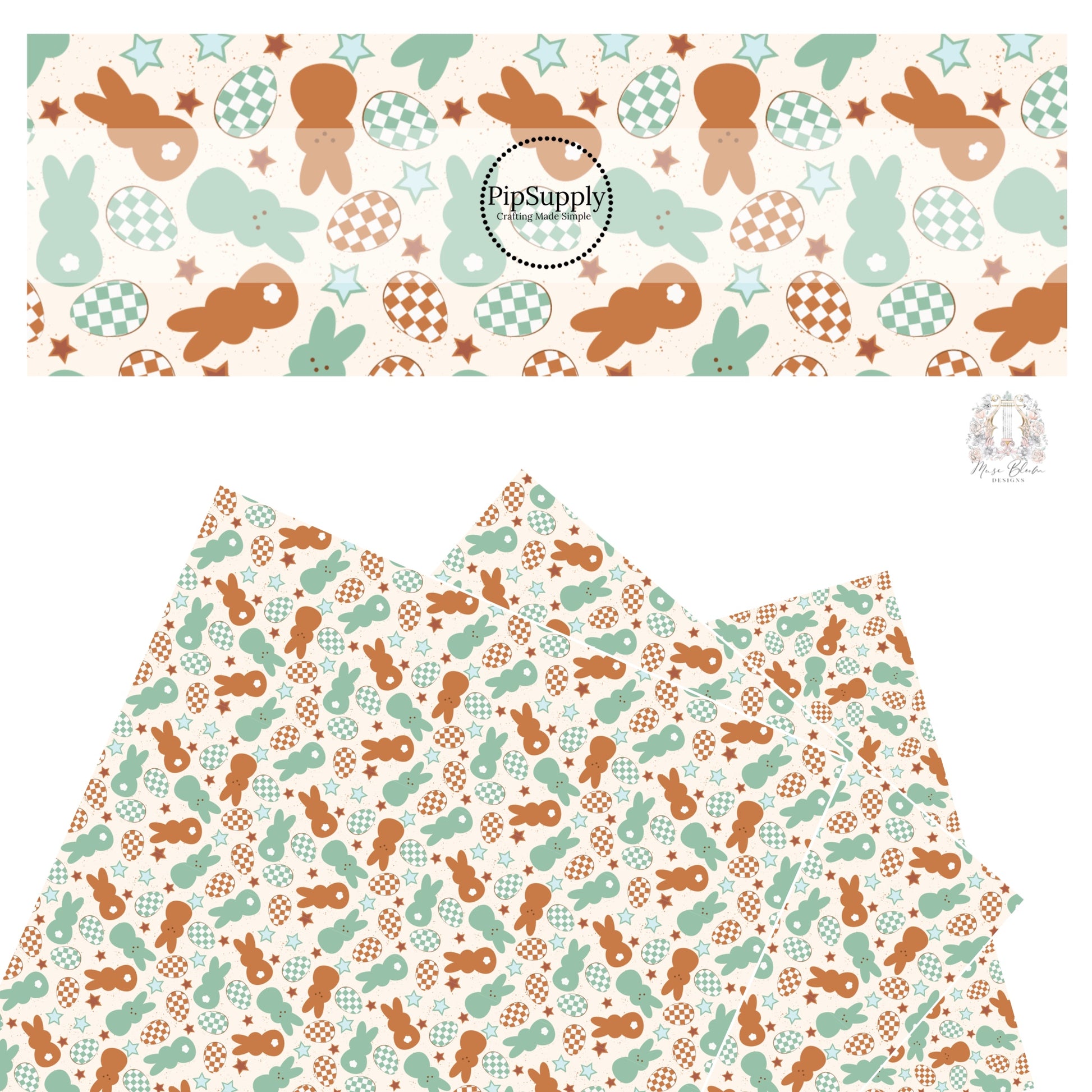 brown and green checker eggs, mallow bunnies, and stars on cream faux leather sheets