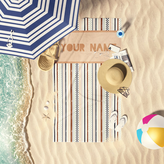 Multi colored checkered and solid stripe pattern beach town that can be personalized. 