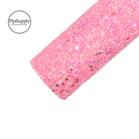 Scattered confetti on bubble pink chunky glitter sheet