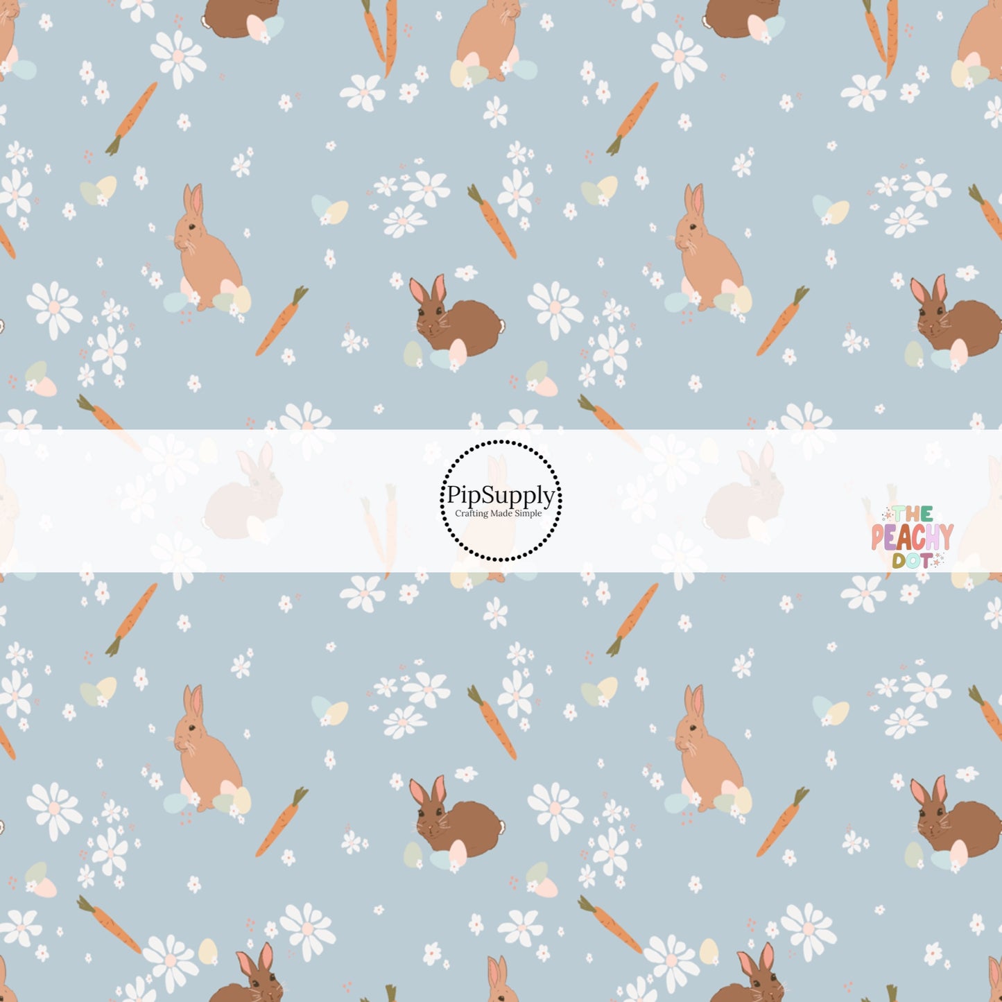 Orange carrots, white flowers, brown bunnies, colorful eggs on blue bow strips