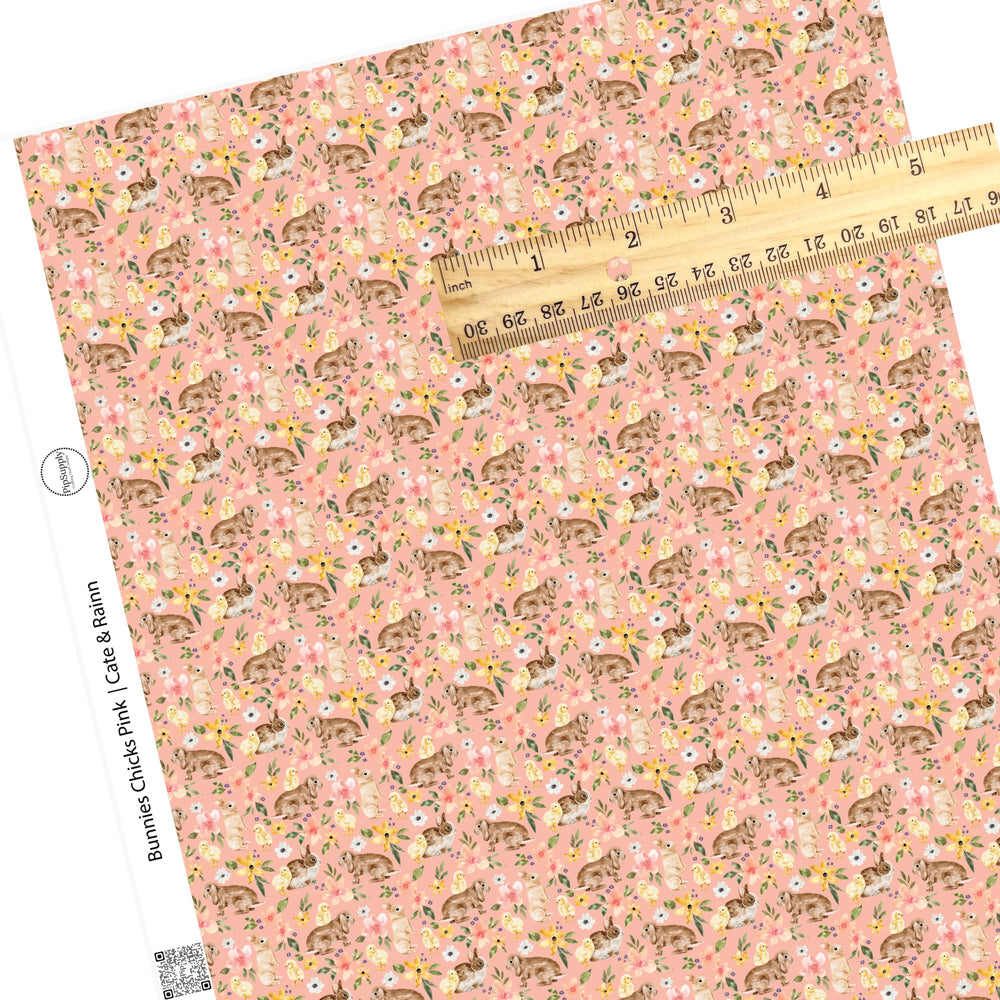 Yellow, pink, and white flowers with bunnies and chicks on pink faux leather sheets