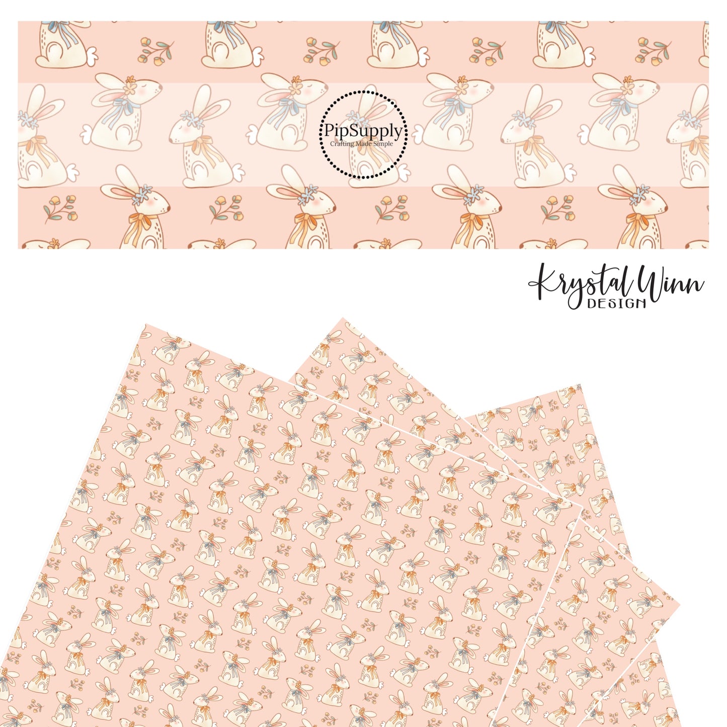 cream bunnies with floral crown and bow ties with flowers on pink faux leather sheet 