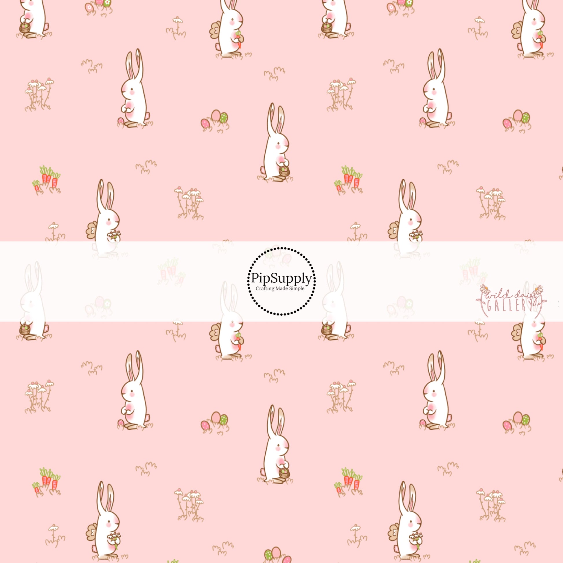 white bunnies hunting for easter eggs in floral fields on pink bow strips