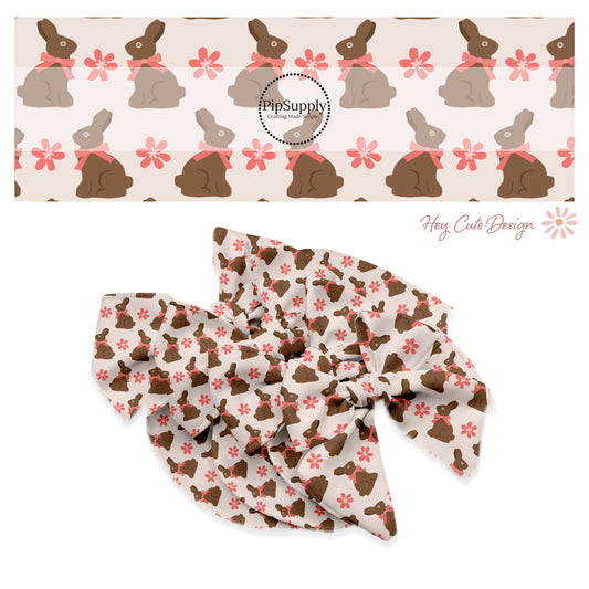 brown bunnies and pink flowers on white bow strips 