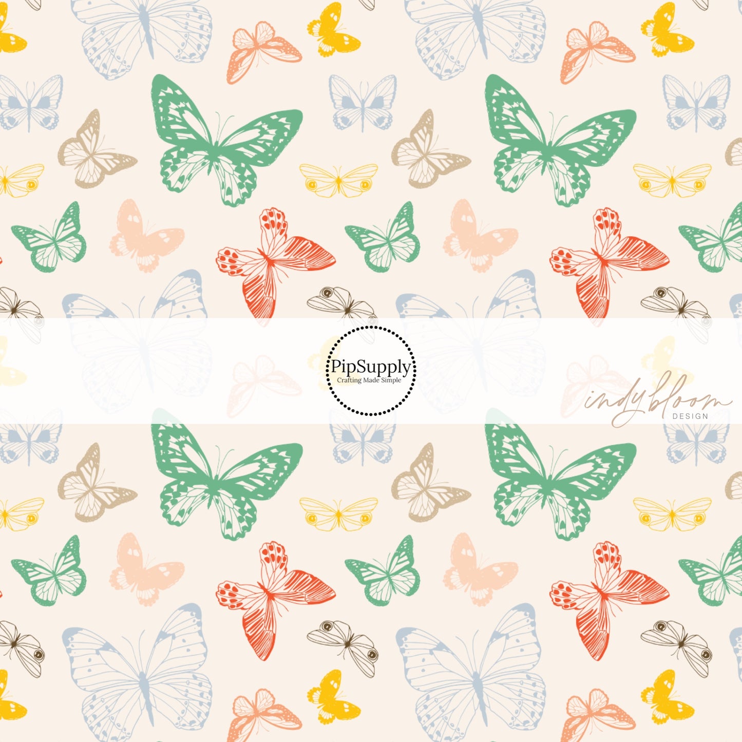 multi colored flying butterflies on cream bow strips