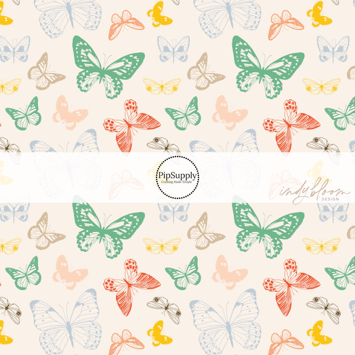 multi colored flying butterflies on cream bow strips