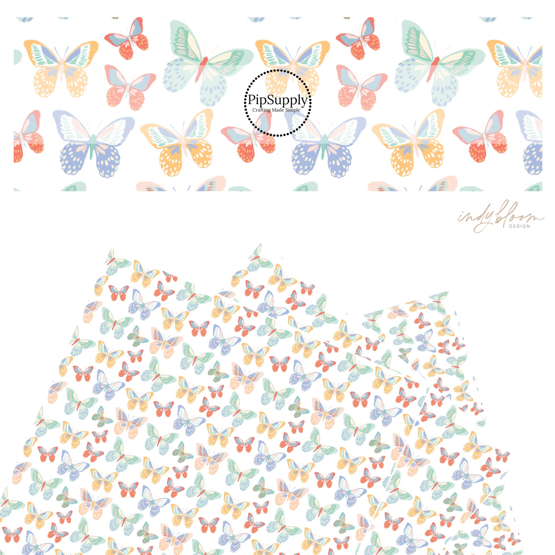 Blue, pink, yellow, red, and green multi butterflies on white faux leather sheets