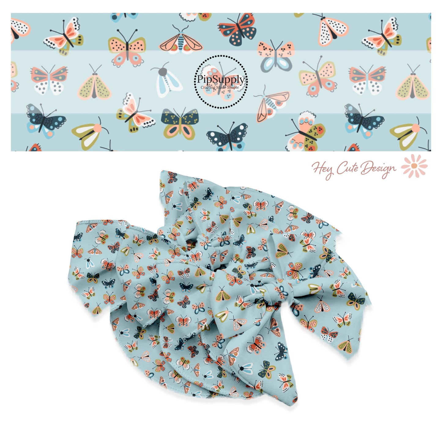 Polka dots and stripes on pink, blue, and green butterflies on blue bow strips