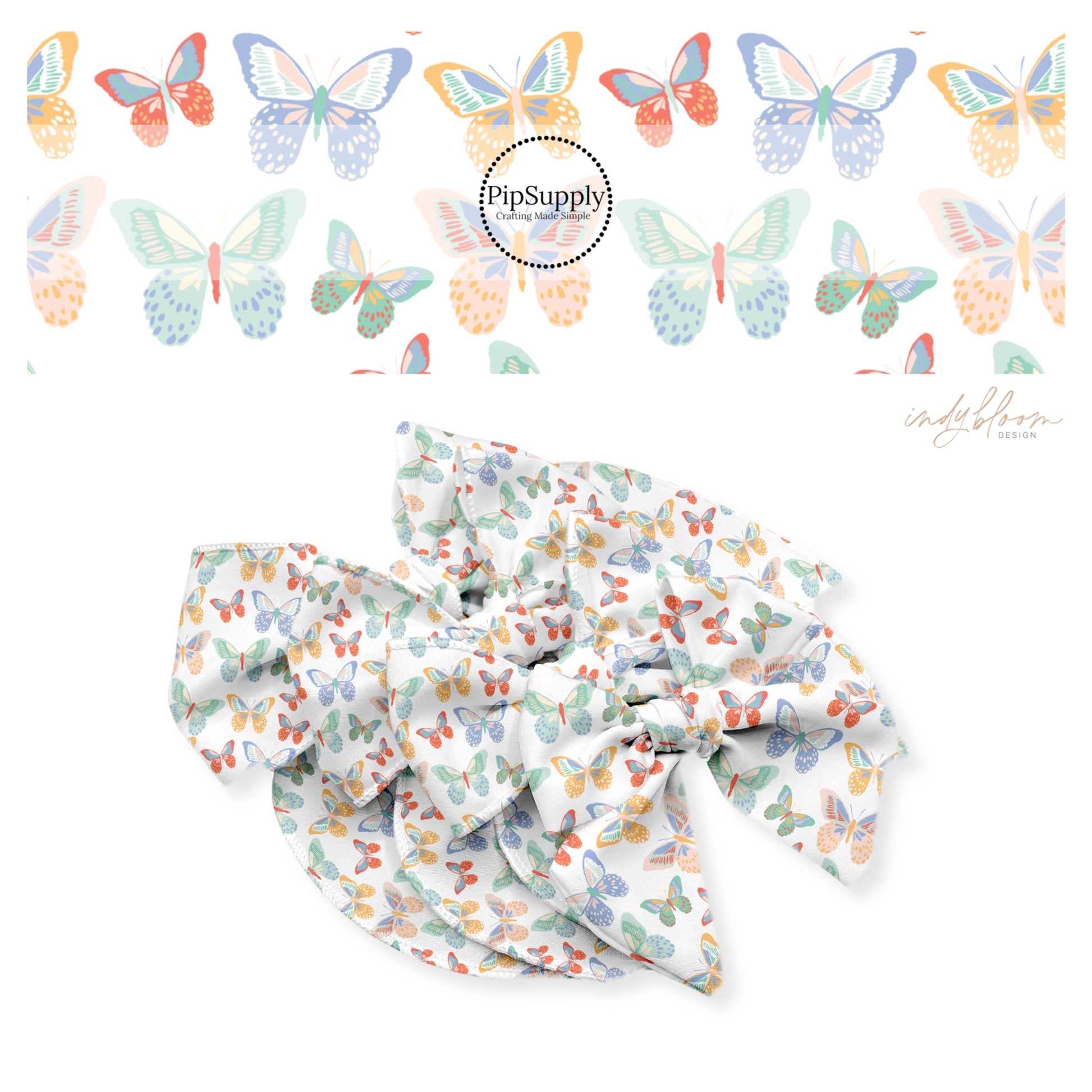 Bright multi butterflies on white bow strips
