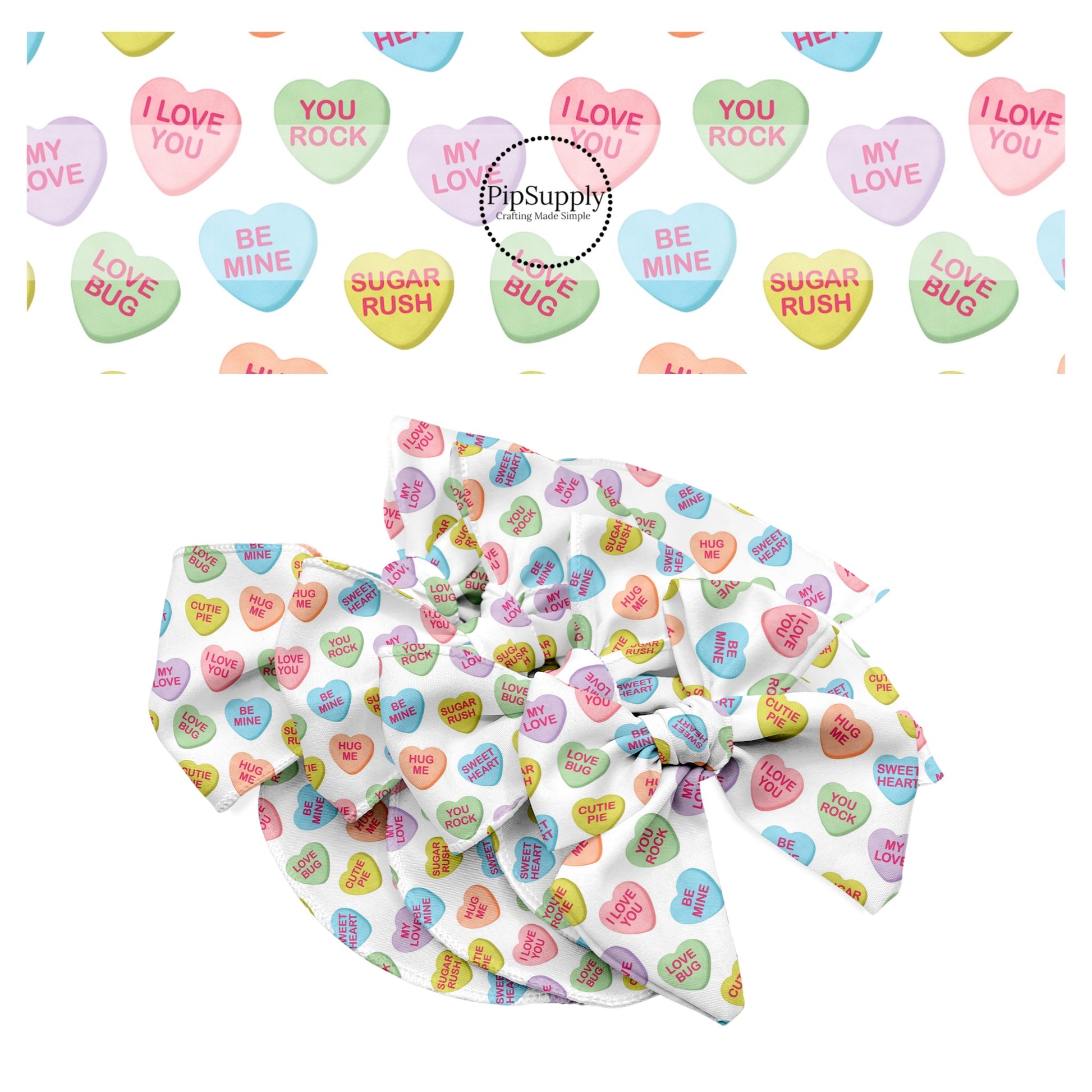 valentine sayings on pink green yellow blue candy hearts on white bow strips