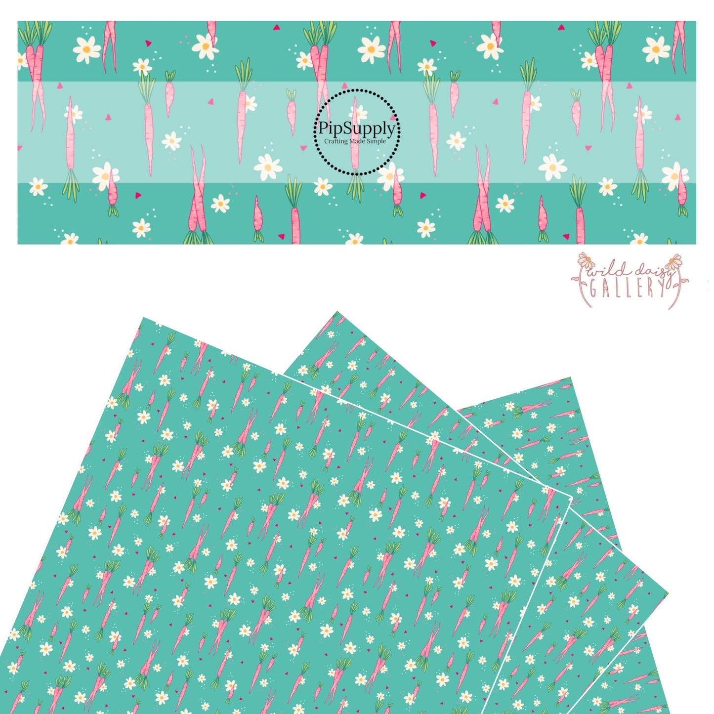 pink carrots, flowers, tiny pink polka dots and triangles on aqua faux leather sheets