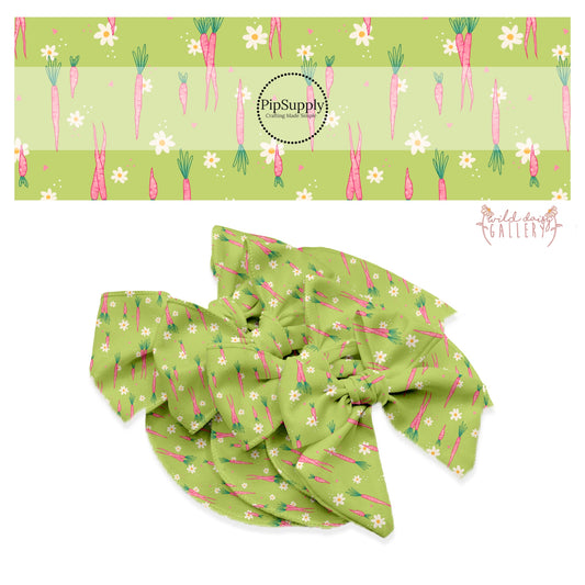 pink carrots, cream flowers, pink and white dots on lime bow strips