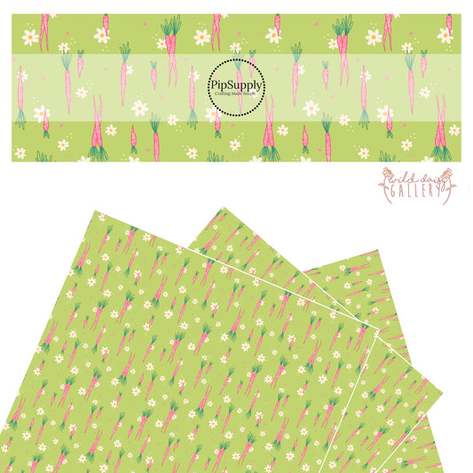 pink carrots with cream flowers and polka dots on lime faux leather sheets