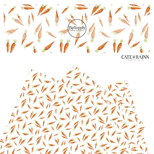 Scattered orange carrots on white faux leather sheets