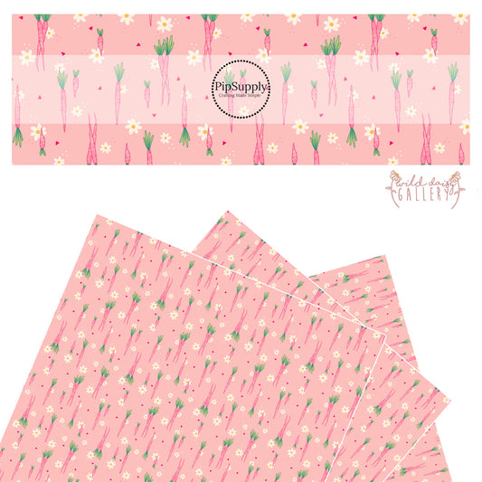 pink carrots, cream flowers, and polka dots on light pink faux leather sheets