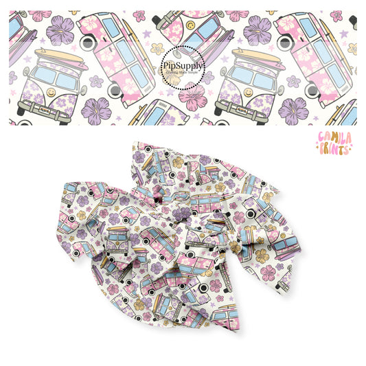Pink and purple floral vacation vans on cream bow strips