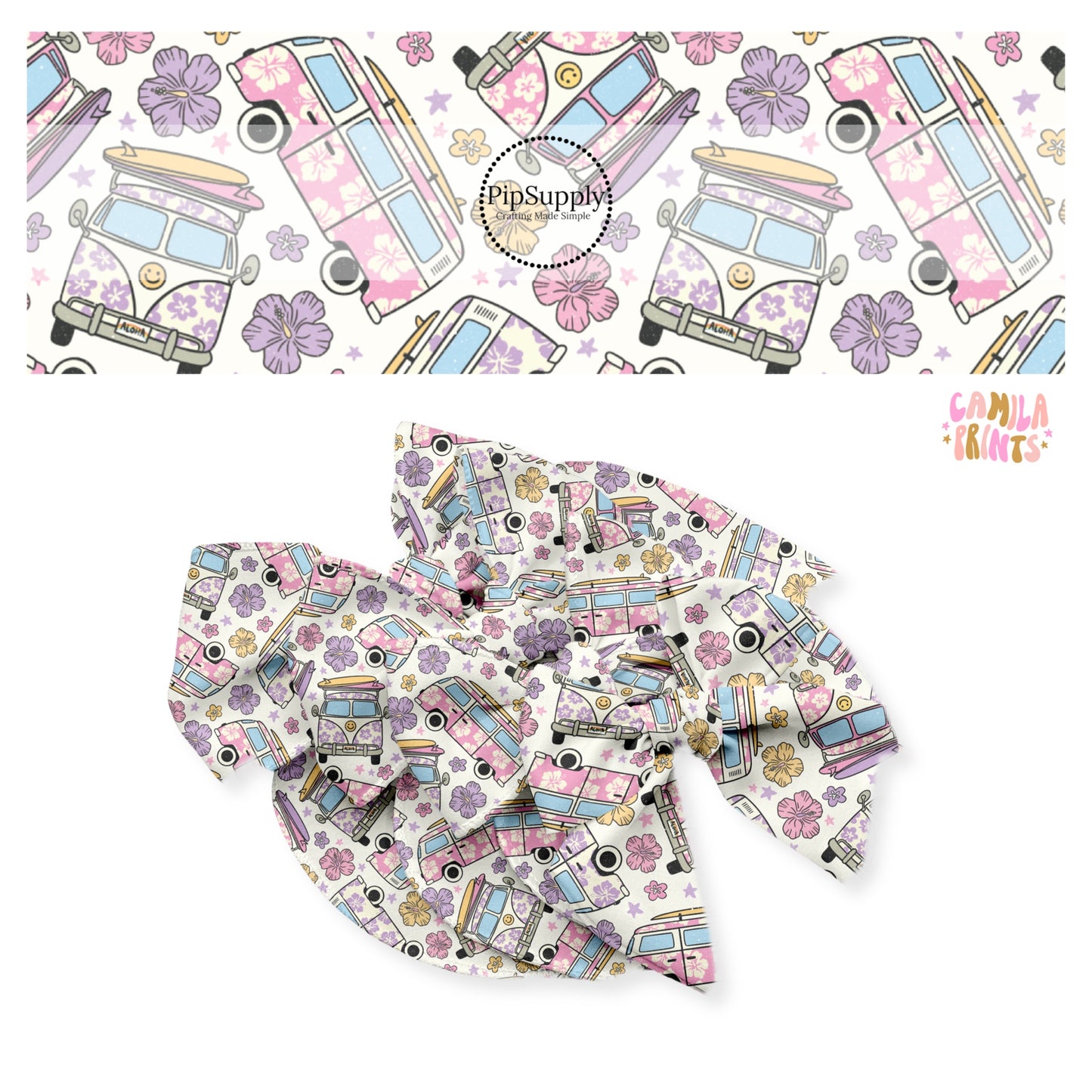 Pink and purple floral vacation vans on cream bow strips