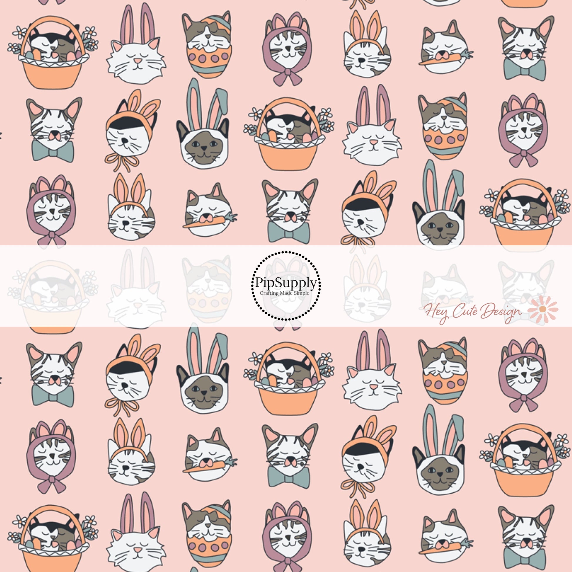 bunny ears on cats and easter baskets on baby pink bow strips