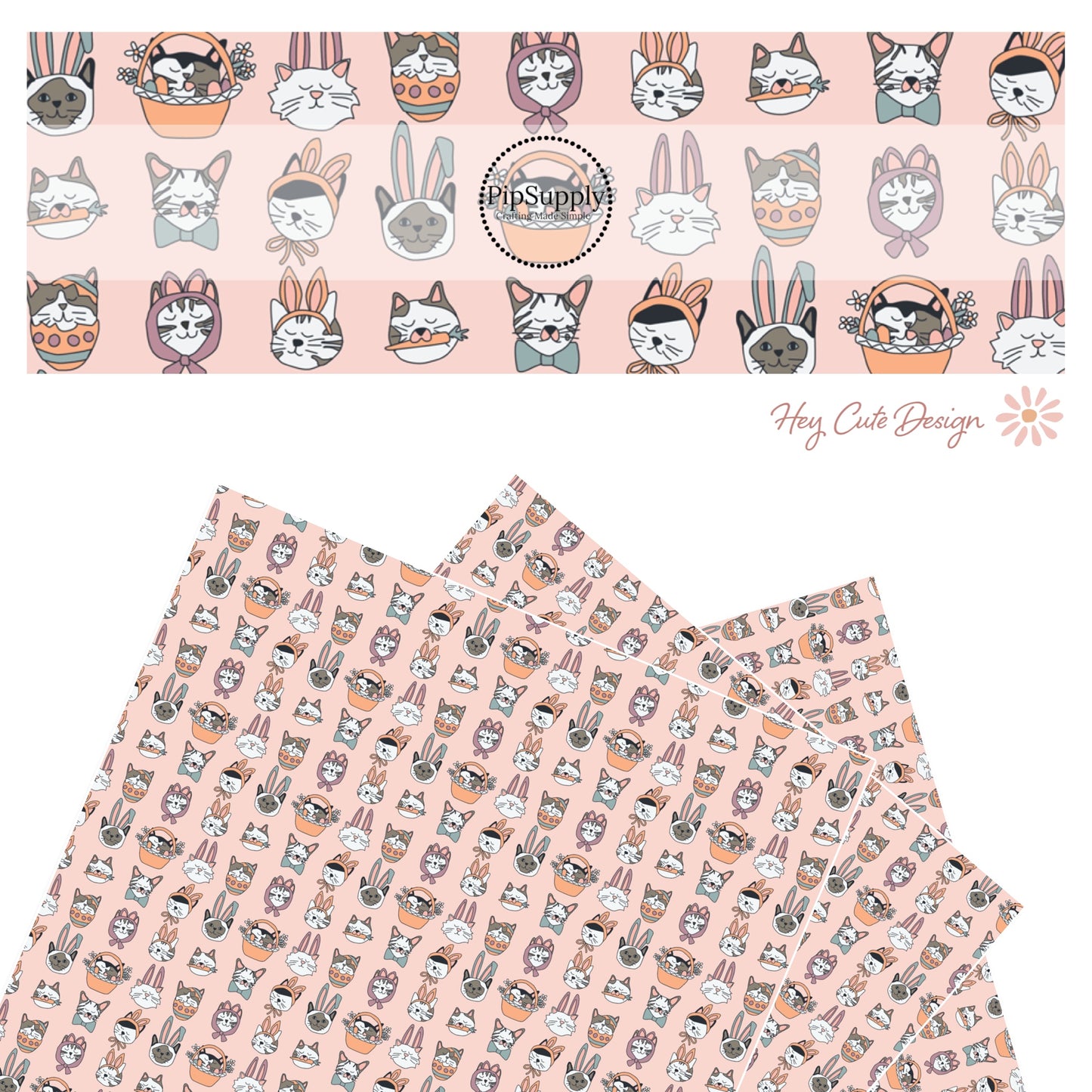 gray and white cats dressed as bunnies on light pink faux leather sheets