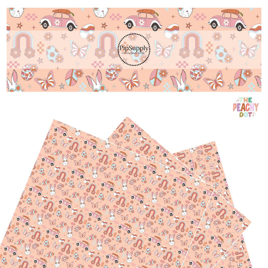 Floral rainbows, pink cars, butterflies, easter eggs, bunnies, and checker on peach faux leather sheets