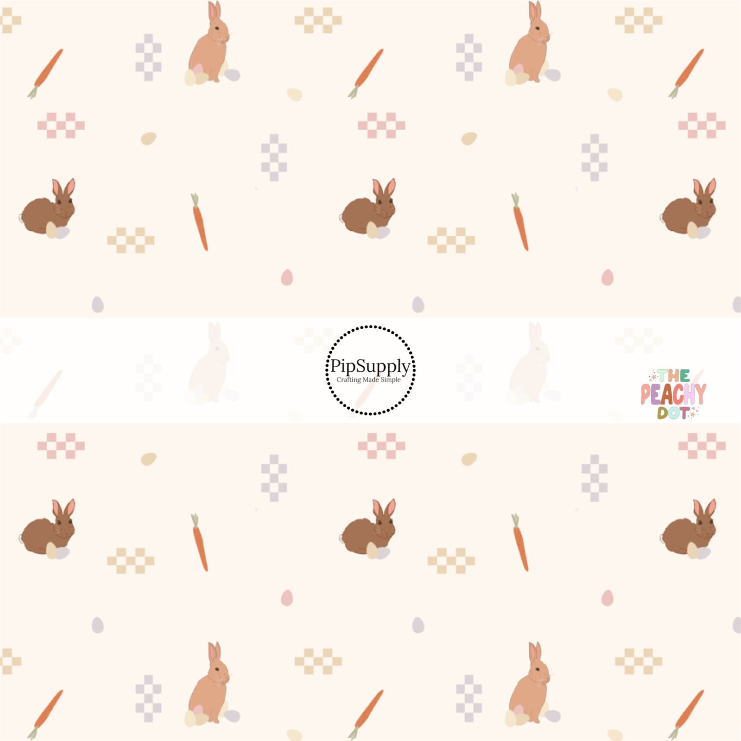 checkered patches with bunnies, eggs, and carrots on cream bow strips