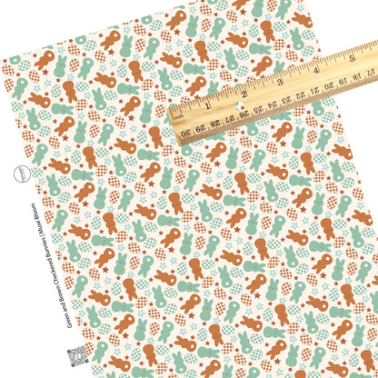 green and brown mallow bunnies, checkered eggs, and stars on cream faux leather sheets